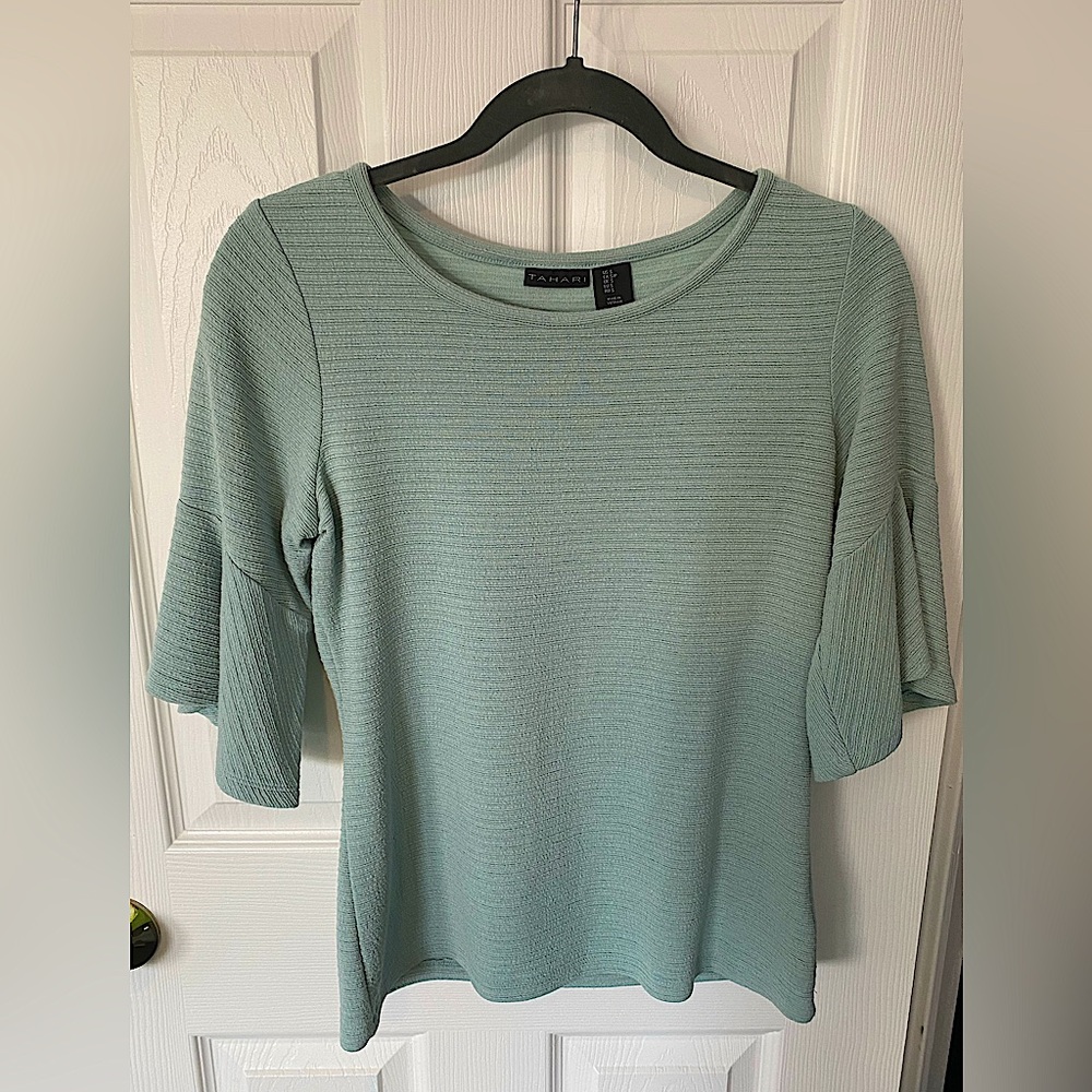 Tabard ribbed teal bell sleeve top